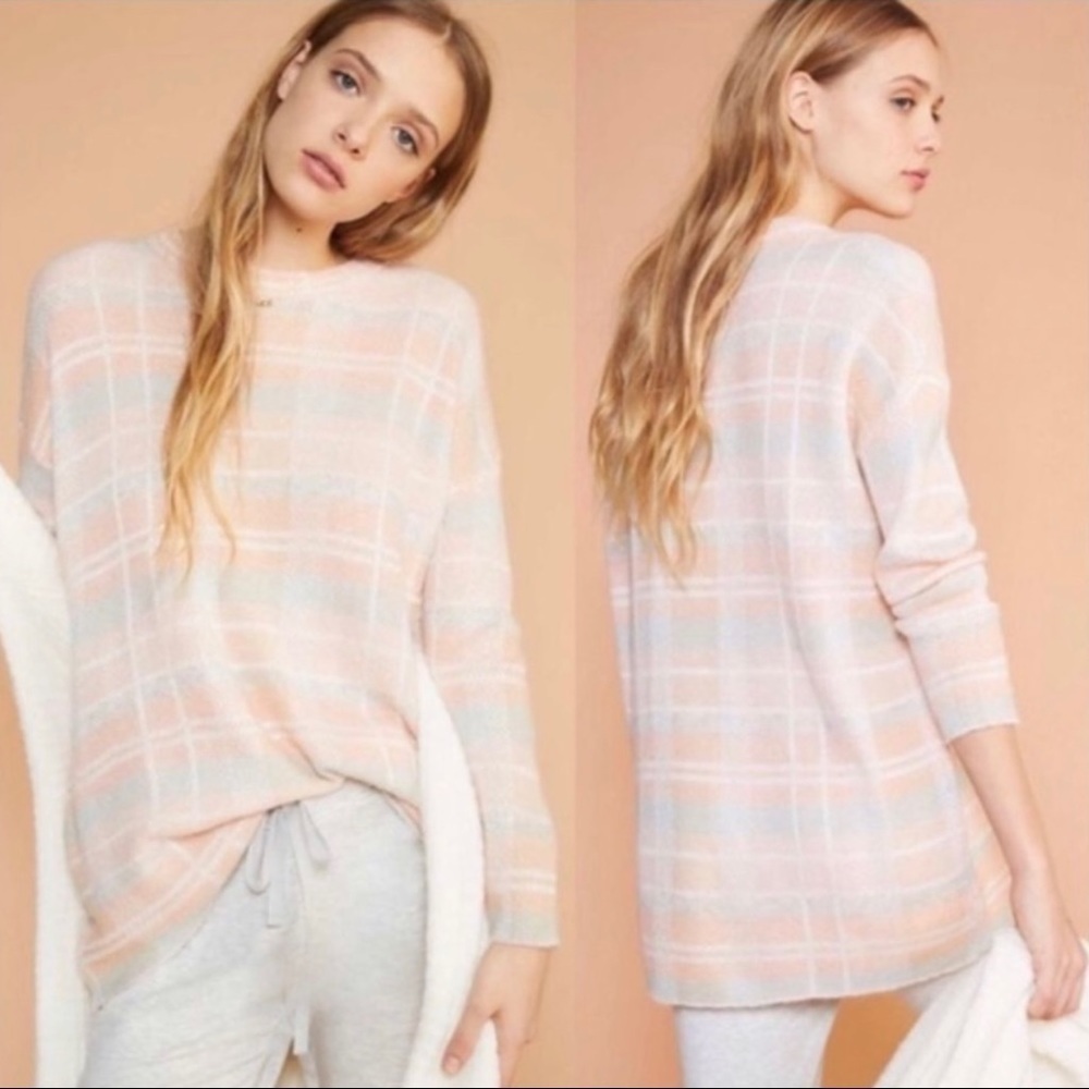 Lou & Grey LOFT Pink Gray Plaid Knit Crew Neck Pullover Sweater